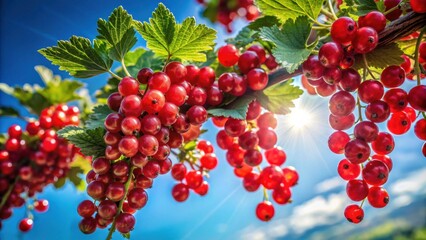 Sunlit clusters of ripe red currants hanging on a branch against a vibrant blue sky