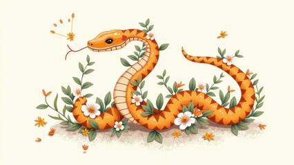 Obraz premium A vivid orange serpent lounges amidst delicate white blossoms and lush green foliage, set against a stark white backdrop. Its sinuous form stretches leftward, surrounded by tiny yellow blooms adding a