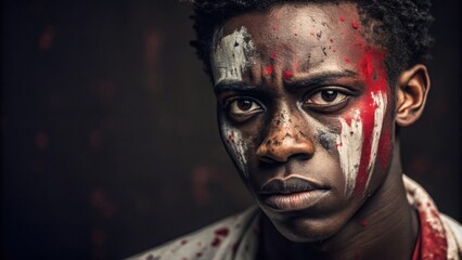 Fototapeta premium A striking portrait of a young man with an intense stare his face a canvas of bold chaotic splatter paint in black white and crimson. The rough texture of the paint adds depth