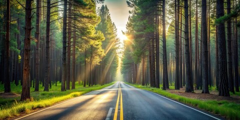 Obraz premium Asphalt road through sunlit pine forest at sunrise