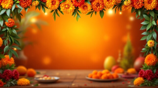 Festive Indian traditional decorations, candles, marigold flowers on orange background with golden lights. Diwali, Holi, Gudi Padwa, Ugadi. Template with copy space for design greeting card, banner