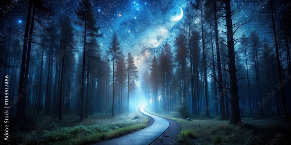 Poster mystical night scene winding path through an enchanting forest under a starlit sky