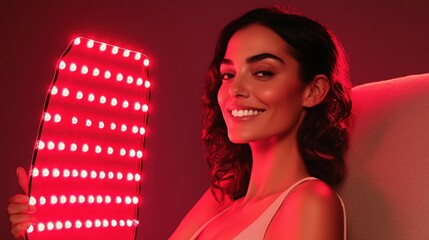 Woman uses futuristic red light therapy device for skincare.