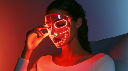 Woman using a futuristic red light therapy mask for skincare.