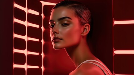 Woman illuminated by futuristic red light therapy.