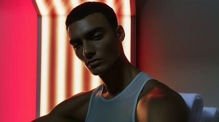 Man in tank top, red light therapy session. Futuristic wellness.