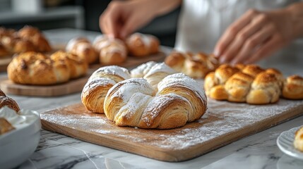 Baker decorating pastries on marble kitchen counter. Food photography for recipe blogs