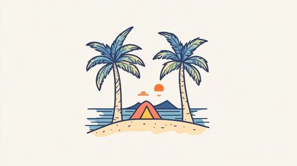 Tropical beach sunset camping illustration