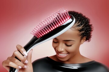 Futuristic red light therapy hairbrush for healthy hair growth.
