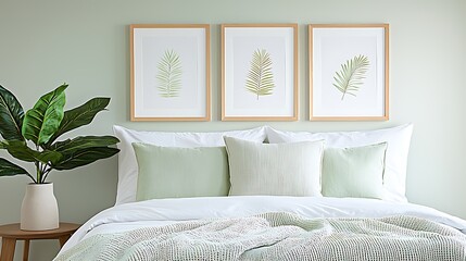 Serene Green Bedroom Decor: Plants & Prints - Minimalist design