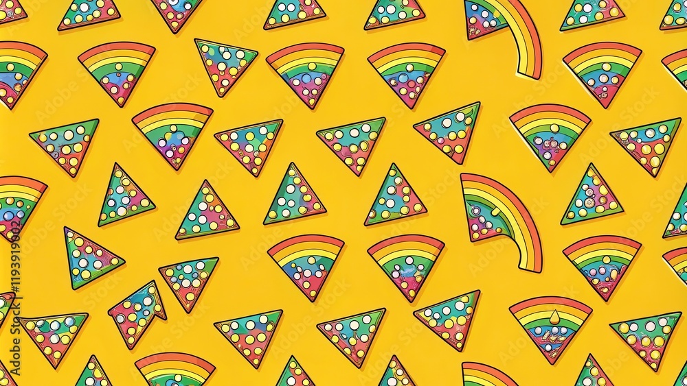 Poster Vibrant Colorful Triangular Shapes and Arcs on Yellow Background