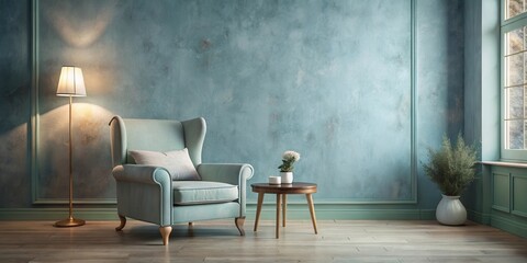 Serene living room interior design with a teal wall, wingback chair, and side table