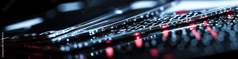 Poster layered translucent surfaces with embedded numbers and red and blue lighting