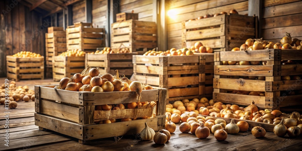 Poster a rustic wooden warehouse filled with numerous crates of ripe onions, ready for harvest and distribu