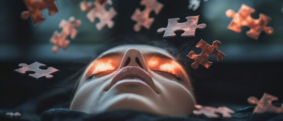 Fototapeta premium Mystical Woman Glowing Eyes Falling Jigsaw Puzzle Pieces Abstract Head Surreal
