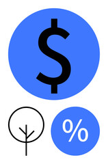 Blue circle with black dollar sign, black outline of a tree, and blue circle with white percentage symbol. Ideal for finance, economics, growth, environmental sustainability, interest rates