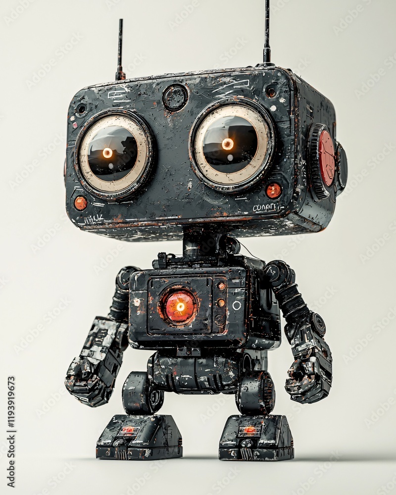 Aufkleber retro futuristic rusty robot character vintage sci fi bot design 3d render