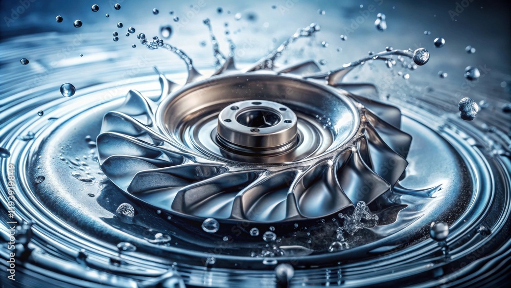 Poster precision turbine component immersed in liquid, displaying fluid dynamics and technological advancem
