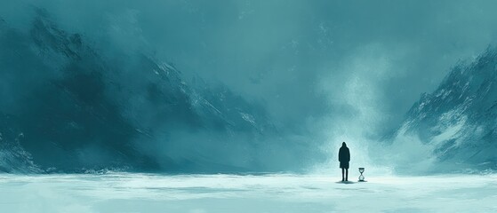 A person stands next to an hourglass, symbolizing the passage of time.