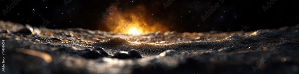 Poster digital rendering of rocky planetary surface with distant light source