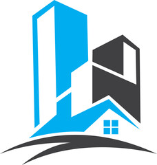 A blue and white logo with a house on the top icon design vector