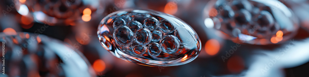 Poster microscopic image of translucent ovals with internal spheres