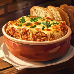 Close-up of a rice bowl with Italian lasagna and garlic bread. Featuring a layered and rich dish. Highlighting the texture and flavors of the lasagna. Ideal for food and cultural themes.