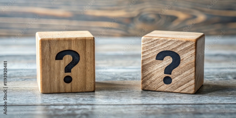 Aufkleber two wooden cubes with question marks on a table