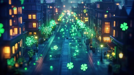 Fototapeta premium Vibrant and festive illuminated city street filled with glowing shamrock shaped lights and during a celebratory holiday event creating a magical and atmospheric urban landscape