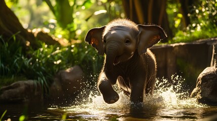 Joyful Baby Elephant Splashing in Water on a Bright Sunny Day Amidst Lush Greenery, Capturing the Heartwarming Playful Nature of Wildlife in Their Natural Habitat