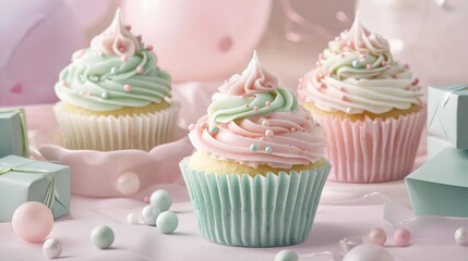 A soft pastel birthday-themed background with cupcakes and small gift boxes