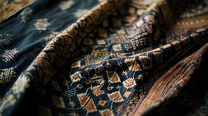 Close-Up Shot of Beautifully Crafted Ajrakh Fabric with Intricate Patterns and Rich Textiles for Textile and Art Enthusiasts