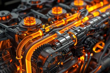 Fototapeta premium Close up of the engine of a modern car in orange color