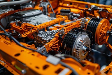 Close up of the engine of a modern car in orange color