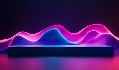 Abstract neon waves background with dark platform.