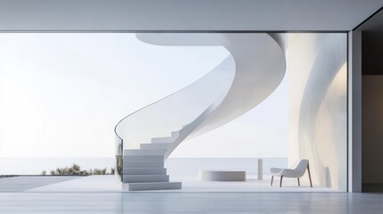 Modern Minimalist Coastal Home: Stunning Spiral Staircase with Ocean View
