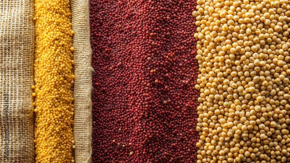 Poster A vibrant display of three distinct seed varieties, neatly arranged in burlap sacks, showcasing a rich tapestry of colors and textures.