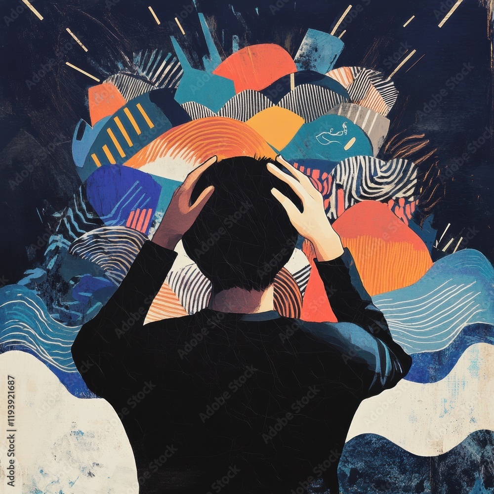 Leinwandbilder Person experiencing discomfort while surrounded by abstract waves and sharp shapes representing pain and confusion. Generative AI