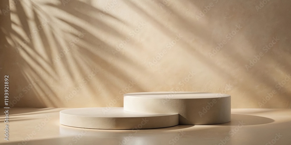 Aufkleber cream-colored display platform with leaf shadows on beige wall