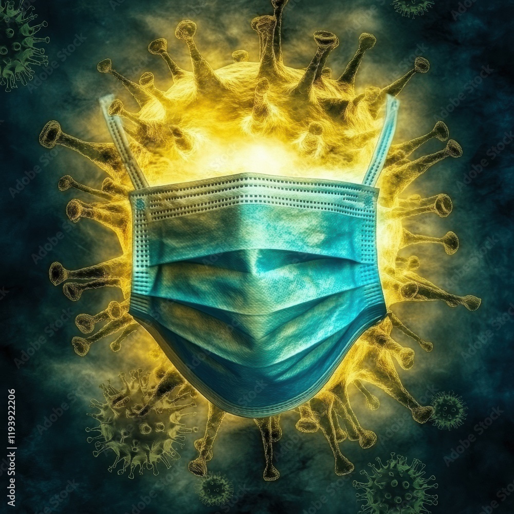 Aufkleber mask and gloves surrounded by fading viruses in a dramatic representation of health safety during a 