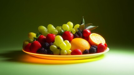 A vibrant fruit bowl overflowing with strawberries, grapes, blackberries, and oranges. A feast for the eyes!