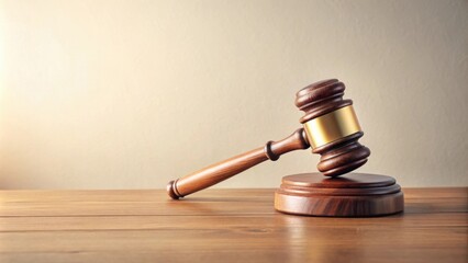 Wooden Gavel on a Polished Tabletop, Symbol of Justice and Legal Proceedings