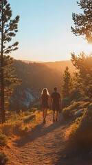 Scenic Trail Hiking Couple Enjoying Sunset Moments Amidst Nature's Beauty, Capturing the Essence of Adventure and Togetherness in Majestic Landscape