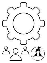 Large gear with four minimalist person icons representing collaboration, teamwork, leadership, career focus, and productivity. Ideal for management, workforce, HR, systems efficiency and structure