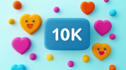 10K Followers Celebration, Social Media Banner With Happy Icon Hearts On A Pastel Background