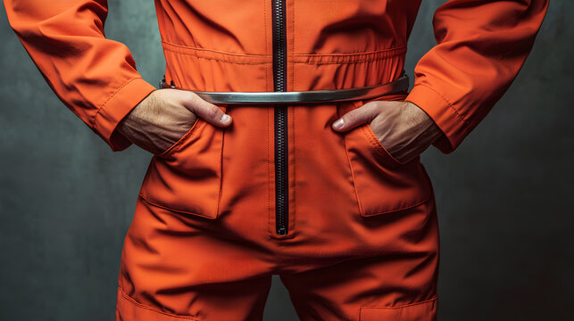 un hombre con el uniforme color naranja de la prision a punto de ser llevado a la carcel tras las rejas justicia para los criminales 
