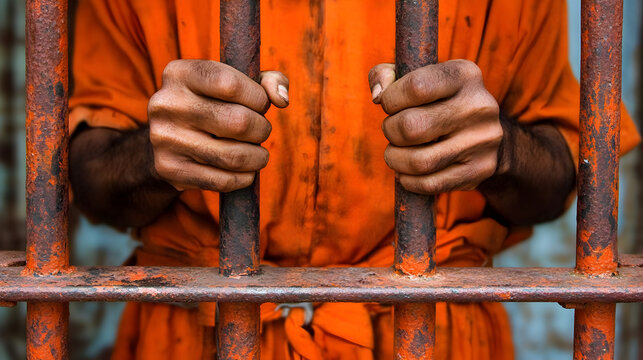 acercamiento del cuerpo de un hombre encarcelado tras las rejas persona condenado a prision sujetando los barrotes de metal en la carcel 