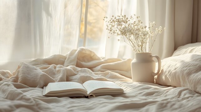 A minimalist bedroom with a person journaling in the morning, soft beige bedding, and natural sunlight streaming in, focusing on mental clarity