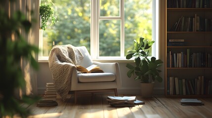 A cozy reading nook by the window with a single armchair, a soft throw blanket, and a stack of books, tranquil and inviting