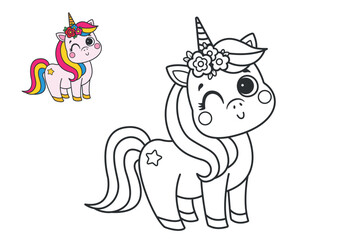 Cute unicorn. Childrens coloring page. Vector illustration.